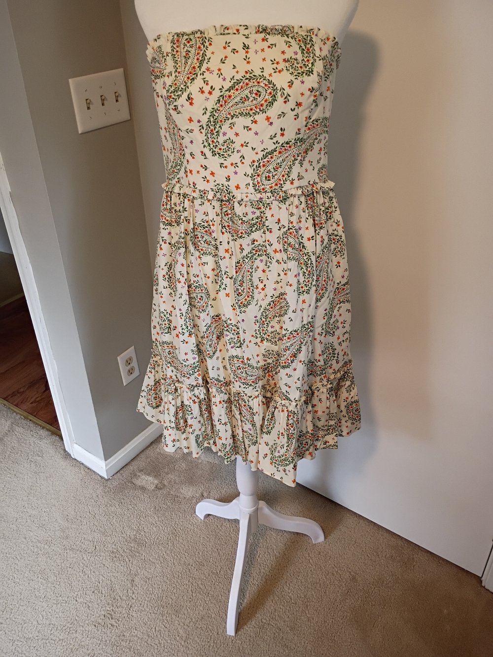 BCBGeneration Cream Paisley Strapless Sundress with Ruffle Hem